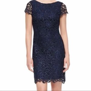 Tahari Navy Blue Lace Back Zip Scallop Hem Sheath Cocktail Black Lined Dress 10